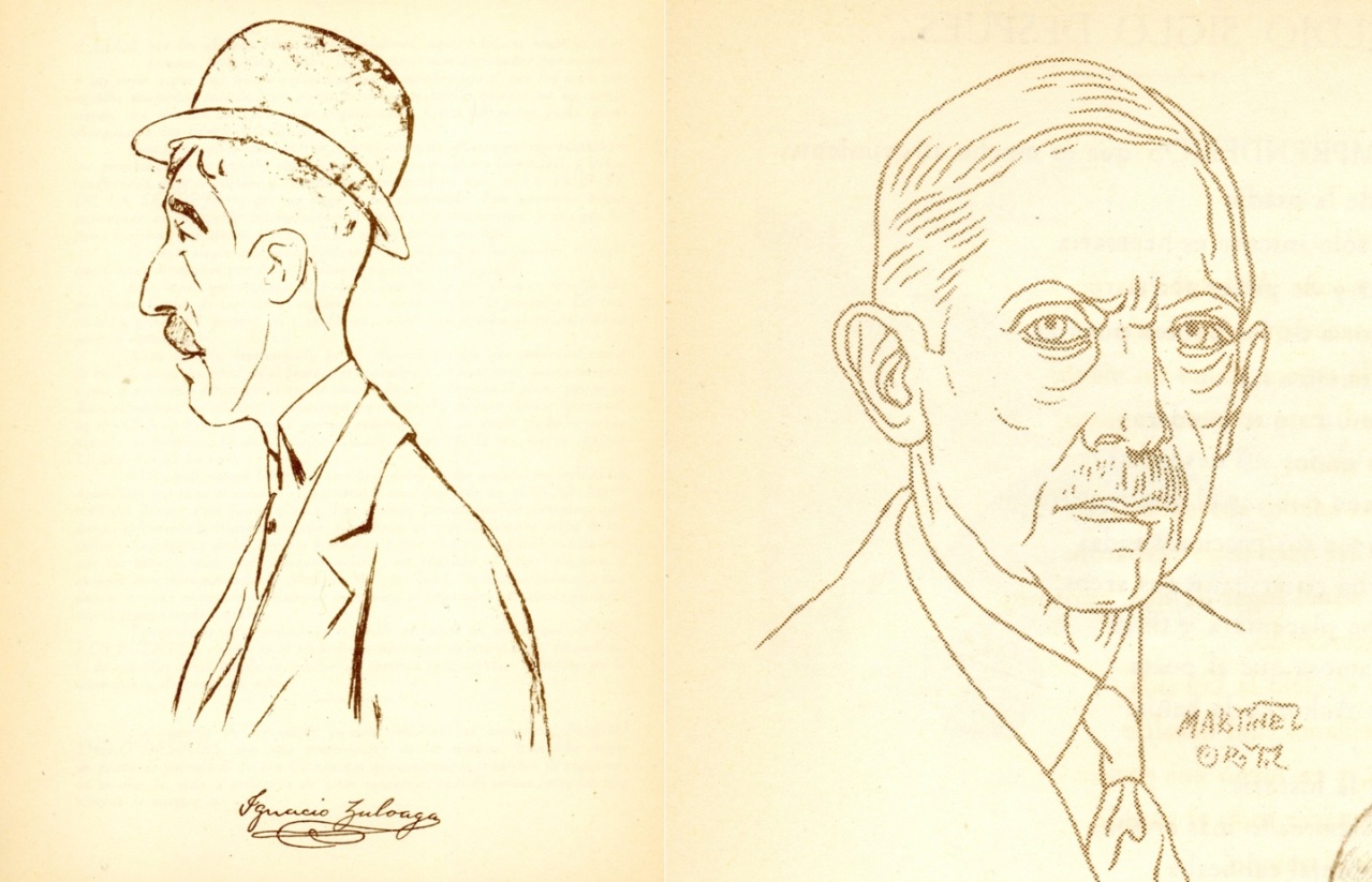 Dibujos de Juan Carlos de Gortázar por Ignacio Zuloaga y Manuel Mª. Smith por Martínez Ortiz, para «Bajo los puentes» de 1953. / Colección Joaquín Cárcamo Martínez.