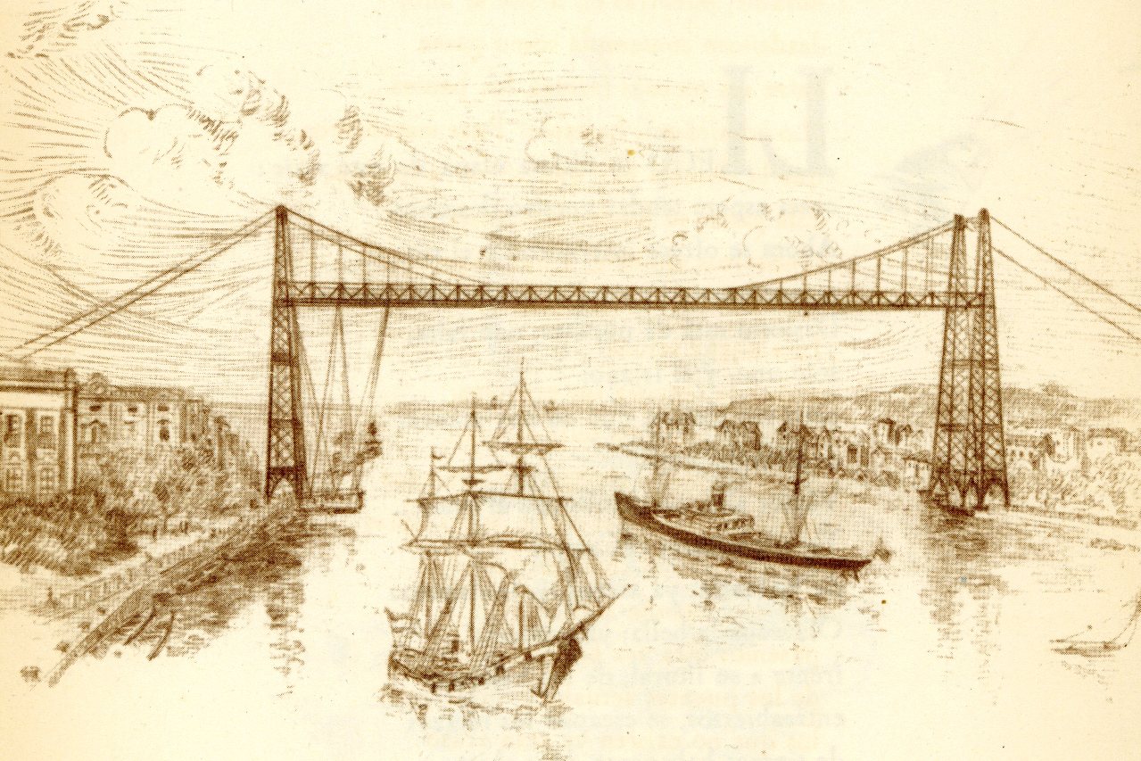 Dibujo del Puente Vizcaya por el arquitecto Manuel Mª. de Smith para la edición de «Bajo los puentes» de 1953. / Colección Joaquín Cárcamo Martínez.