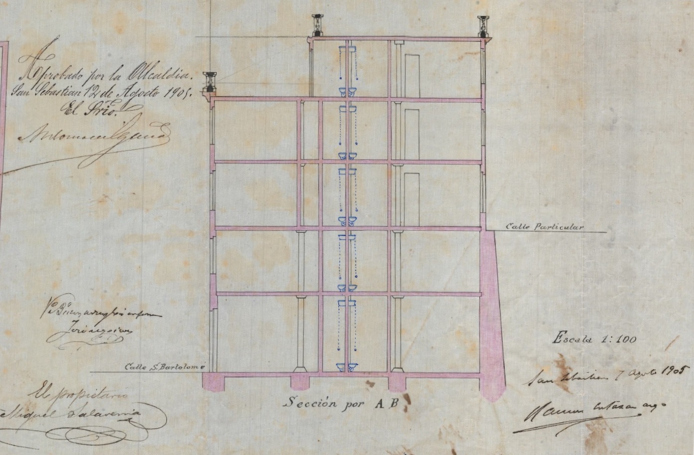 Proyecto de una casa en la calle de San Bartolomé de San Sebastián. Sección, agosto 1905. / Archivo Municipal de San Sebastián.