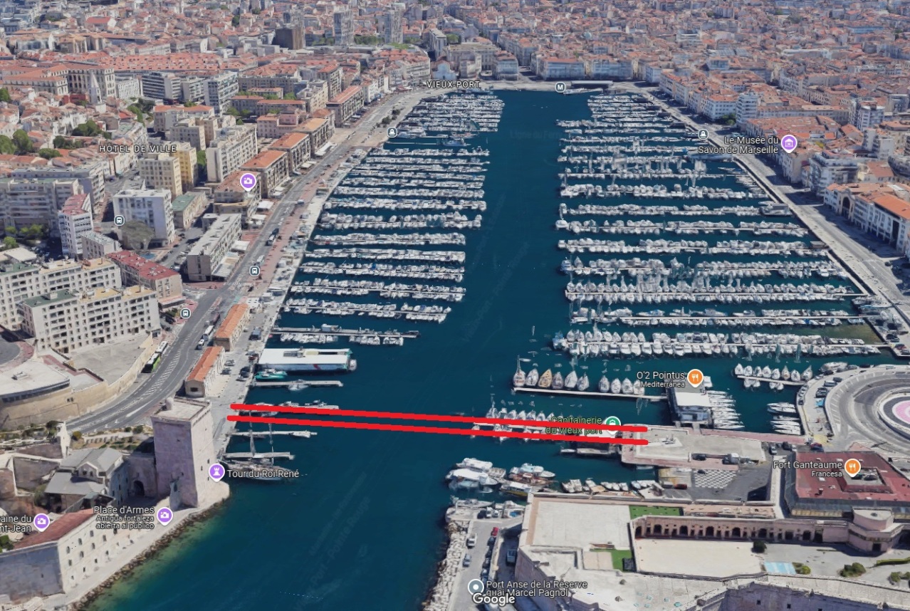 El puerto viejo de Marsella en una imágen actual. Situación del puente transbordador. / Google Maps y elaboración propia.