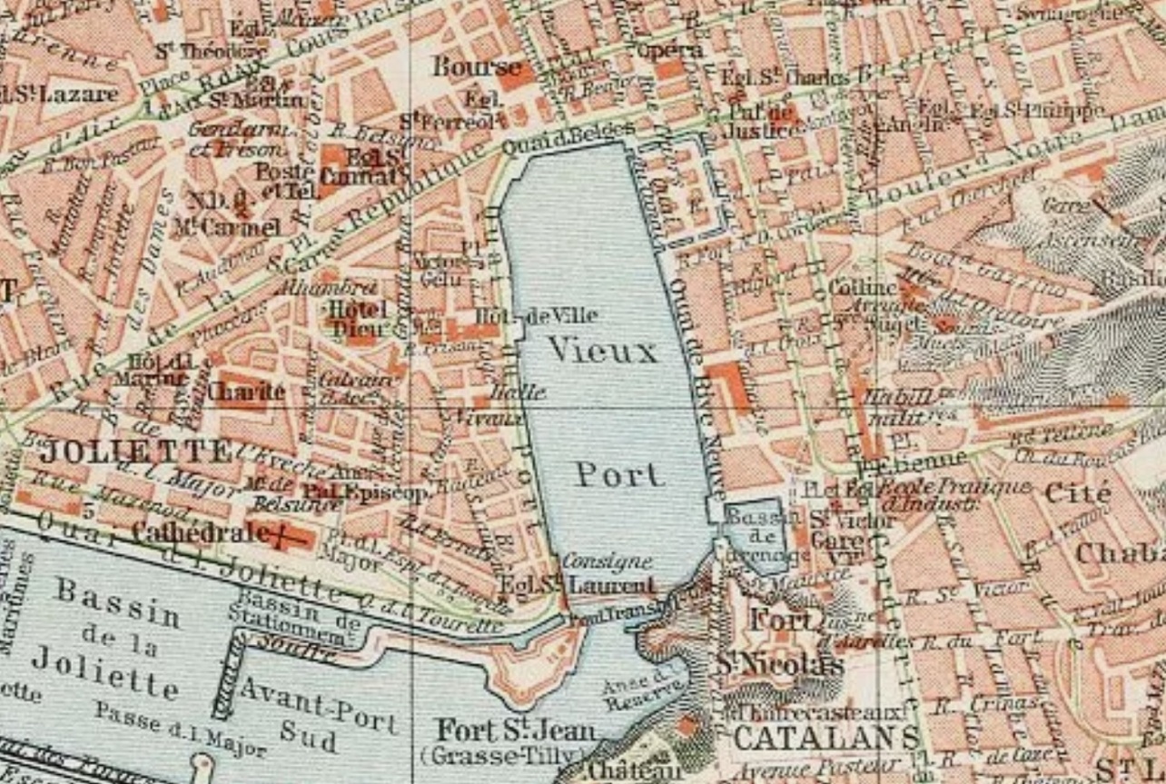 Plano de Marsella y su puerto viejo hacia 1905 en el que se aprecia la posición del puente transbordador.