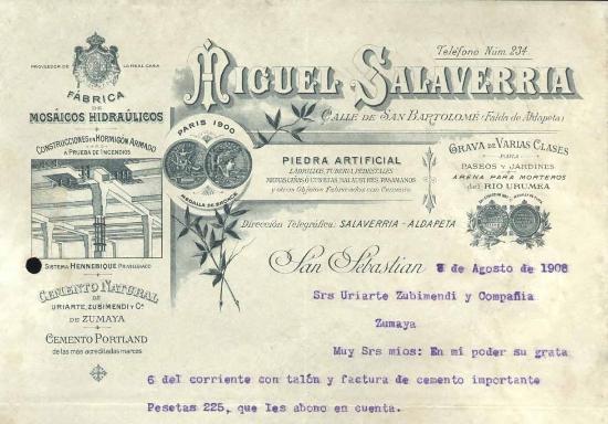 Carta con membrete comercial de Miguel Salaverría escrita en 1908.